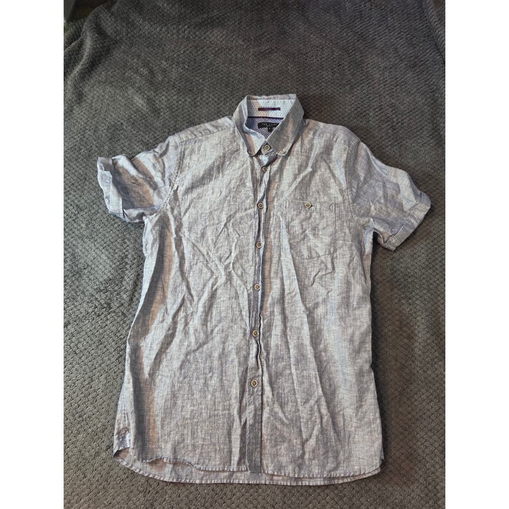 Ted Baker London Mens Blue Linen Cotton Short Sleeve Button Down Shirt Size 3 M